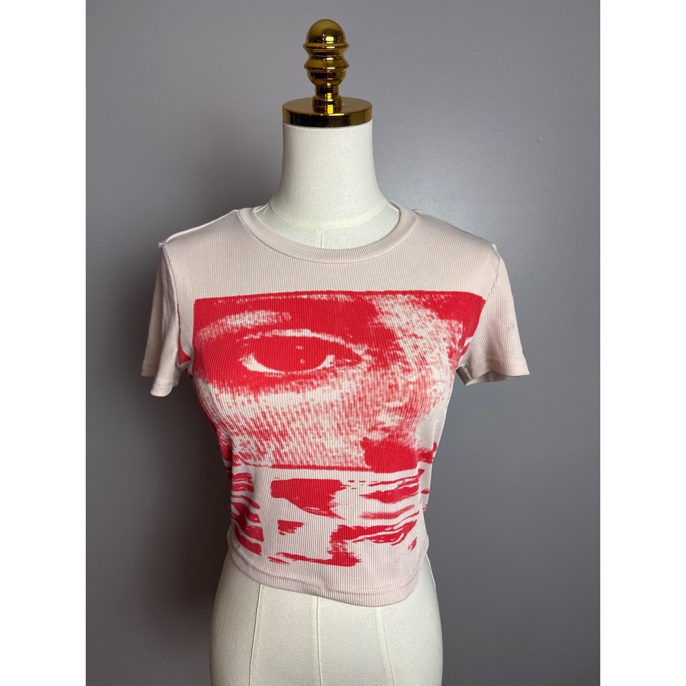 SHEIN Graphic Baby Tee Womens S Beige Red Excellent Ribbed Eye Print Grunge Y2K